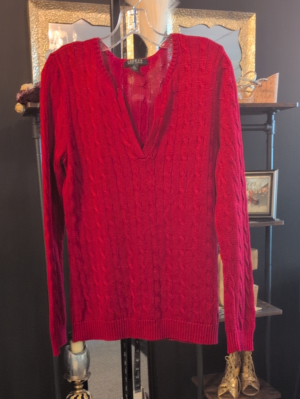 Lauren Ralph Lauren Bold Red Cable V-Neck Sweater